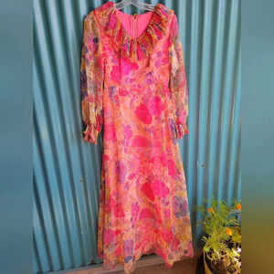 Vintage Pink Floral Chiffon Dress  Long Sleeves Long Small 70s Mrs, Roper